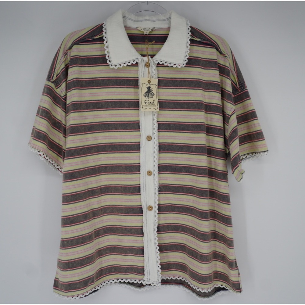 Easel Los Angeles Striped Button Down Top Lace Trim Crochet Collar Multi Color S